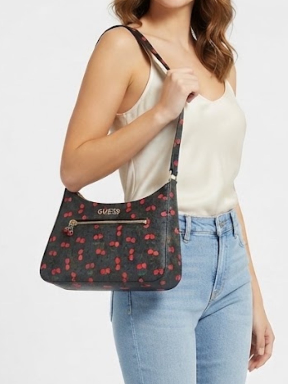 NWOT GUESS Black Monogrammed Shoulder Bag with Red Cherry Print and Cherry Chain